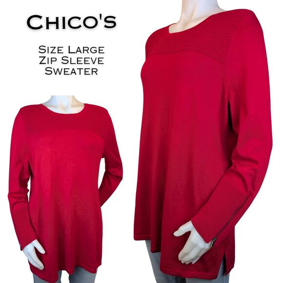 Chico’s Tunic Sweater Large Red Ribbed Yoke Zip Sleeve Split Hem Holiday Chic - Picture 1 of 11